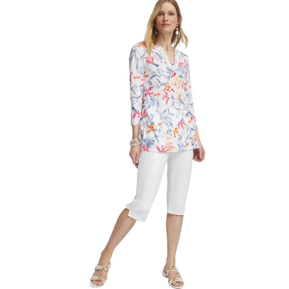 Chicos SZ 3 US XL Womens Nautical Floral Linen Tunic Top With Embellished Collar - Picture 11 of 16